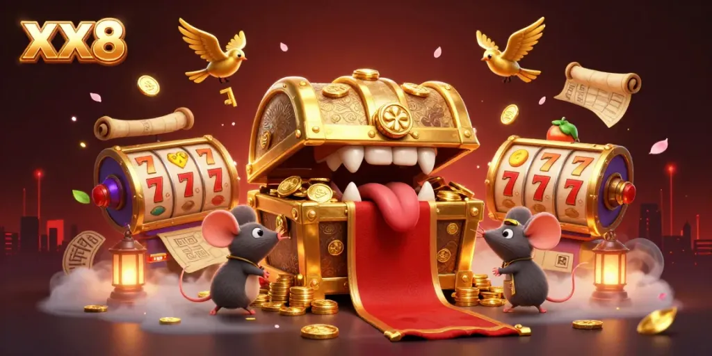 Experience the thrill of the XX8 casino with a vibrant 3D treasure chest illustration and dynamic game elements.