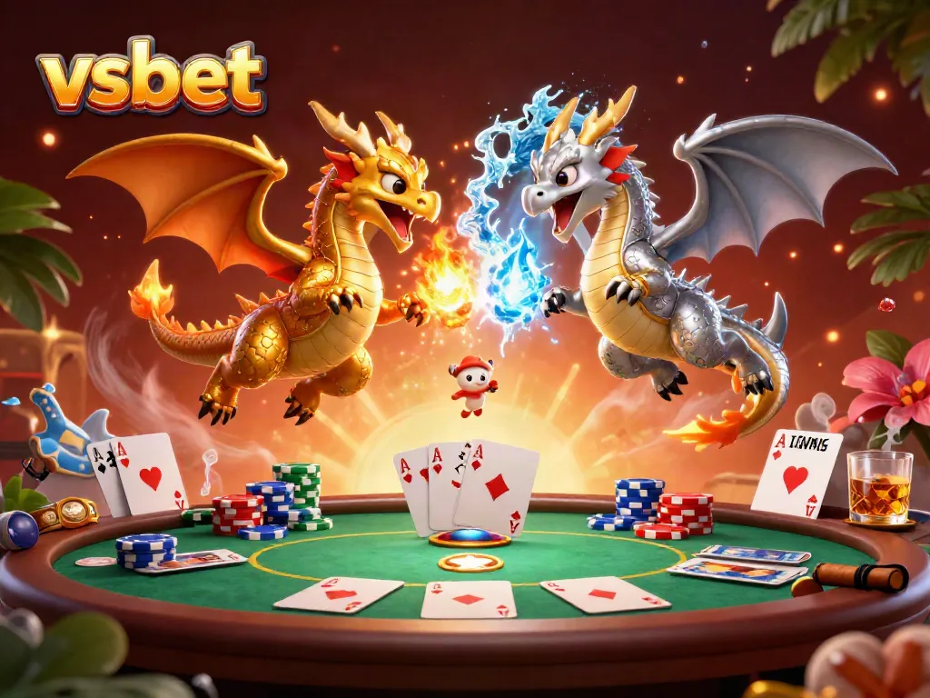 Experience thrilling vsbet gameplay with intertwined dragons breathing fire and ice above a poker table.