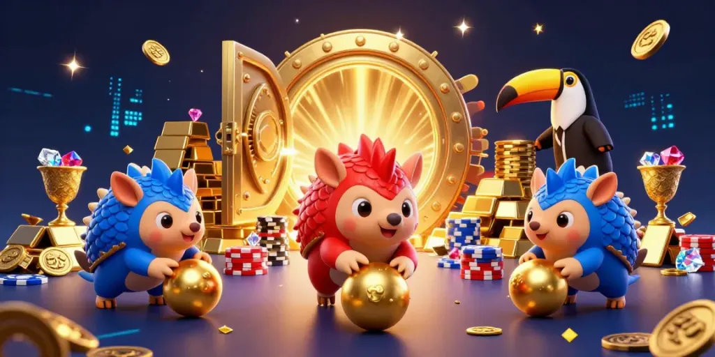 Hitclub pangolins compete in a vibrant casino scene filled with gold and poker elements.