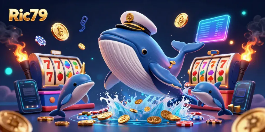 Engage in thrilling casino adventures with Ric79's vibrant cartoon whale and playful dolphins.