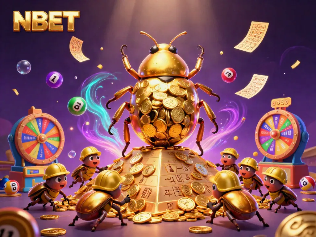 NBET offers exciting opportunities for players with a vibrant scene featuring a gold beetle and dynamic casino symbols.