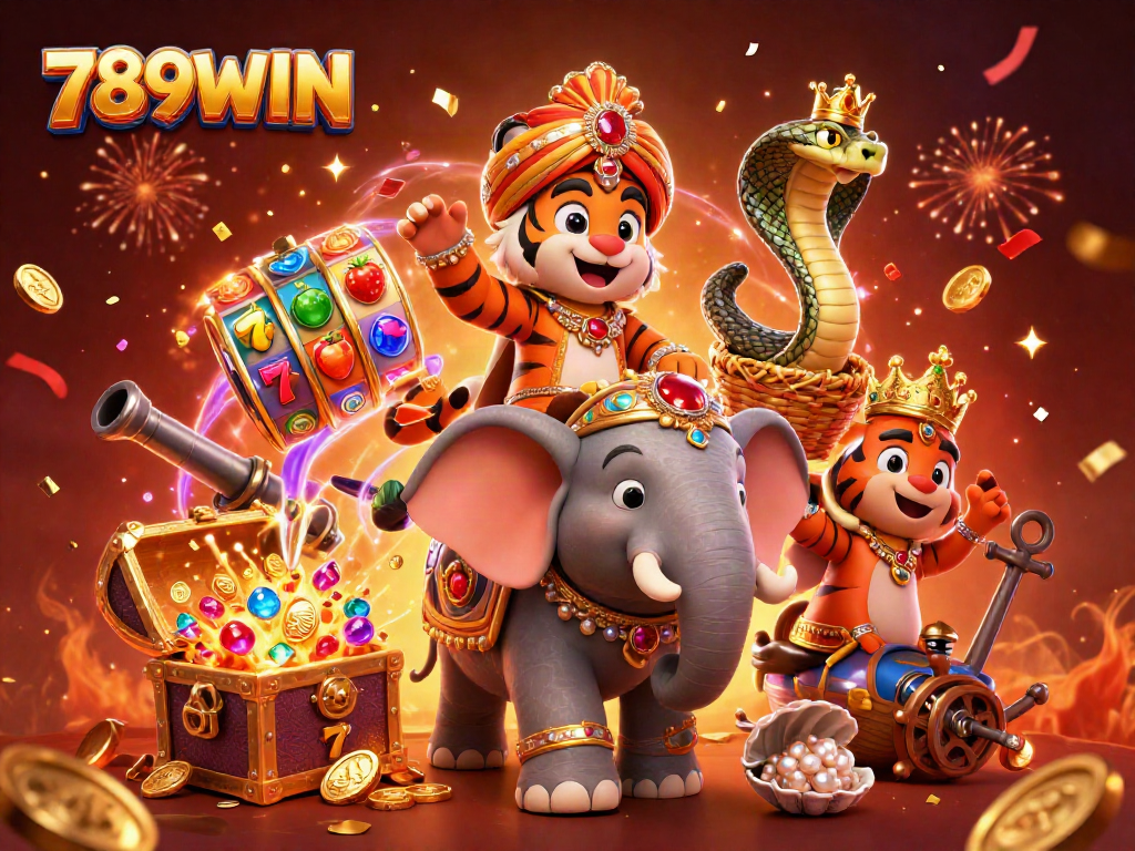 Experience thrilling slots and jackpots with 789WIN in a vibrant casino illustration scene.