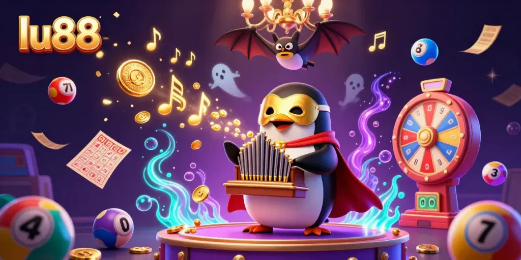 Experience the enchanting world of lu88 with a vibrant 3D illustration of a phantom penguin playing a golden organ amidst dazzling casino elements.