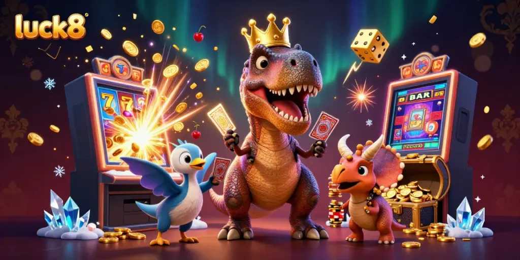 Experience excitement with luck8 at a vibrant casino scene featuring animated dinosaurs engaging in thrilling gameplay and stacking chips.