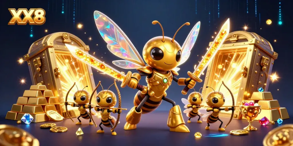 Experience the excitement of XX8 with a dynamic illustration of a samurai hornet and bee archers amidst treasures.