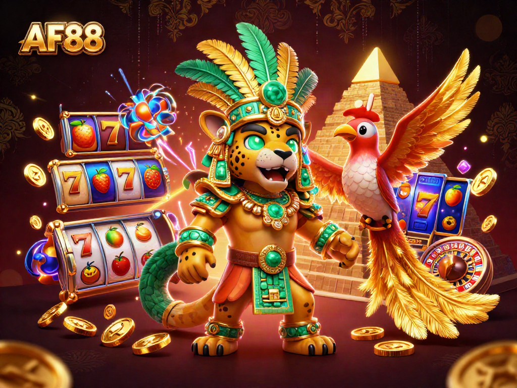 Engage with AF88's thrilling slots adventure featuring the Mayan jaguar priest and vibrant game elements.