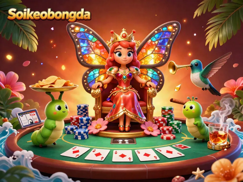 Experience Soikeobongda as a vibrant 3D casino scene with a butterfly queen and poker elements.