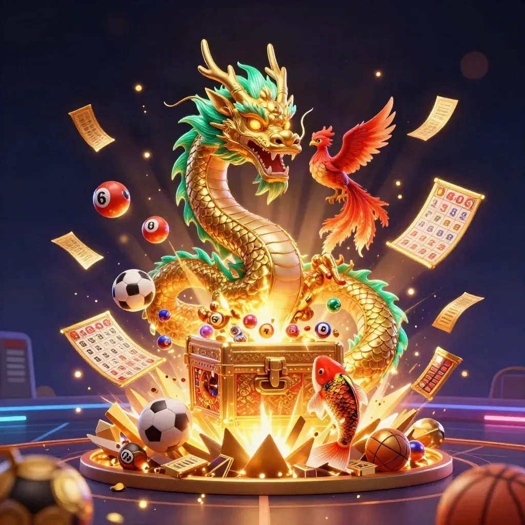 Golden dragon, phoenix and koi amid casino treasure, prize wheel, balls and glowing effects.