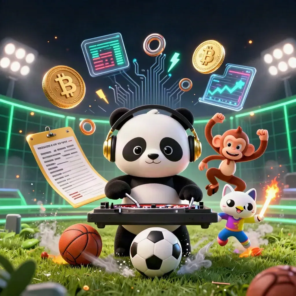 Panda DJ, breakdancing monkey, and glow-stick kitten amid neon sports coins and turf spray