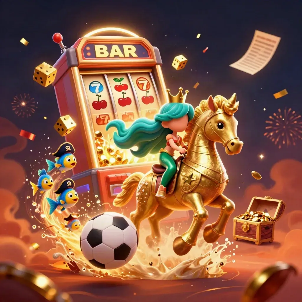Mermaid princess on a golden seahorse amid slot symbols, soccer ball, and fireworks