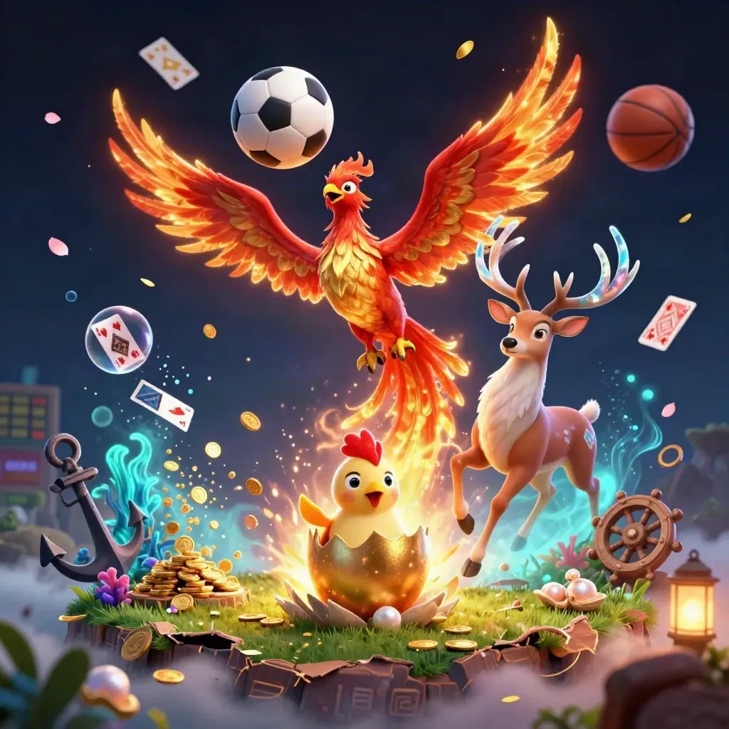Phoenix, stag, soccer ball and basketball burst in a gold-and-navy fantasy casino scene
