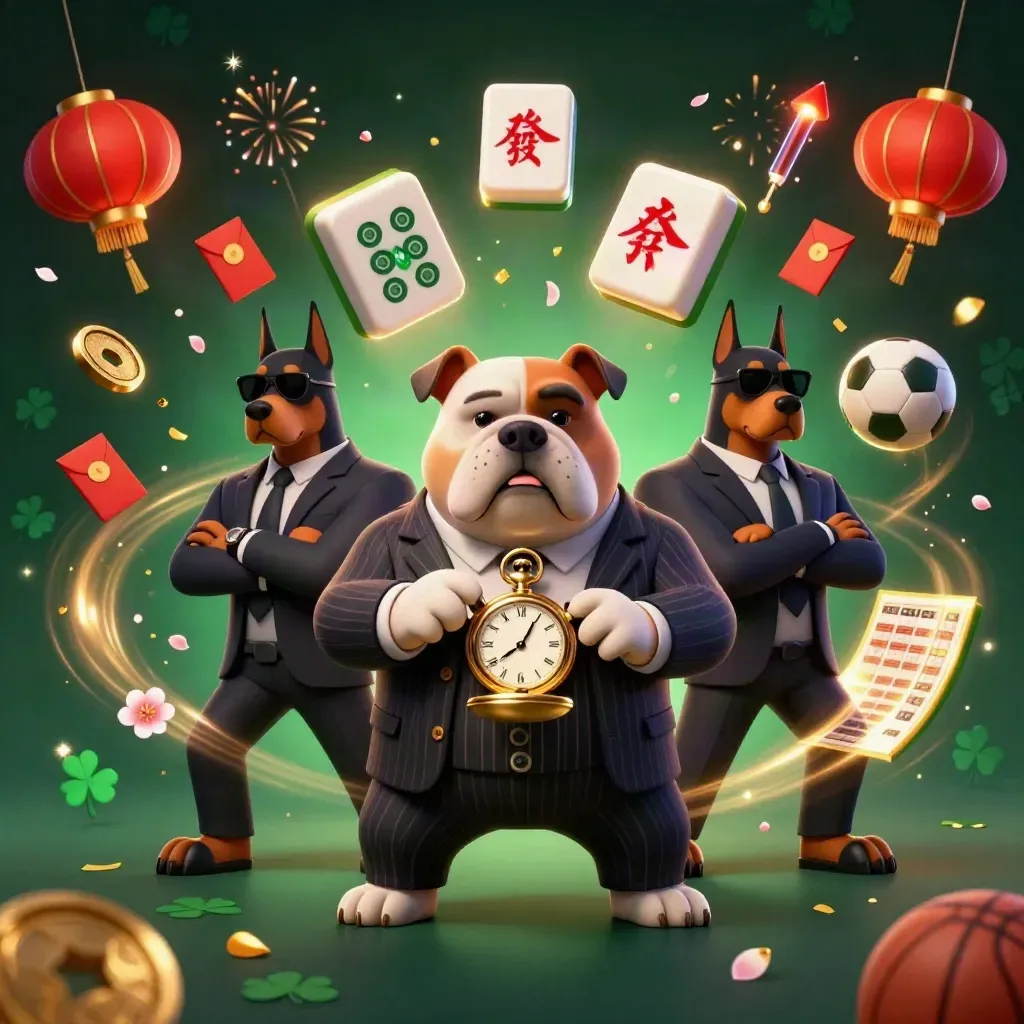 Cartoon mafia bulldog with two Dobermans amid casino luck symbols, fireworks, and glowing gold.