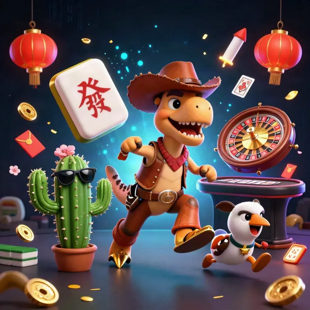 Cartoon cowboy T-Rex trio amid casino gems, lanterns, coins, neon energy, and a spinning roulette wheel.