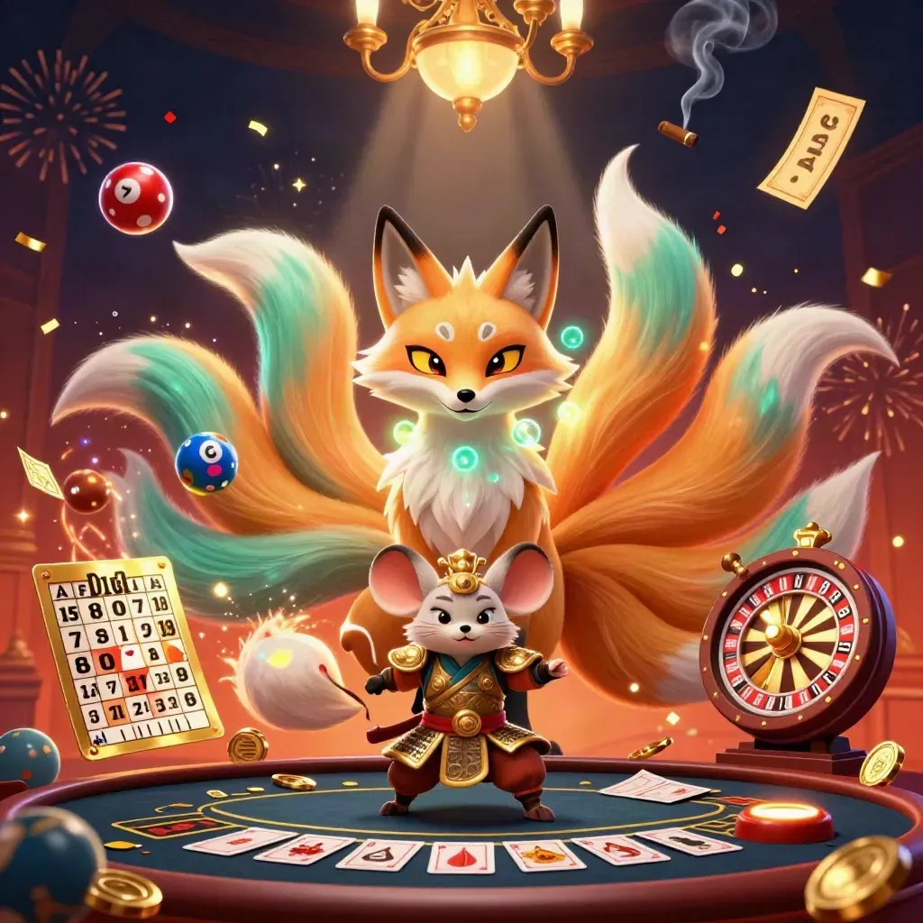 Nine-tailed fox spirit and samurai mouse amid spinning casino props in a luxe brass-lit room.