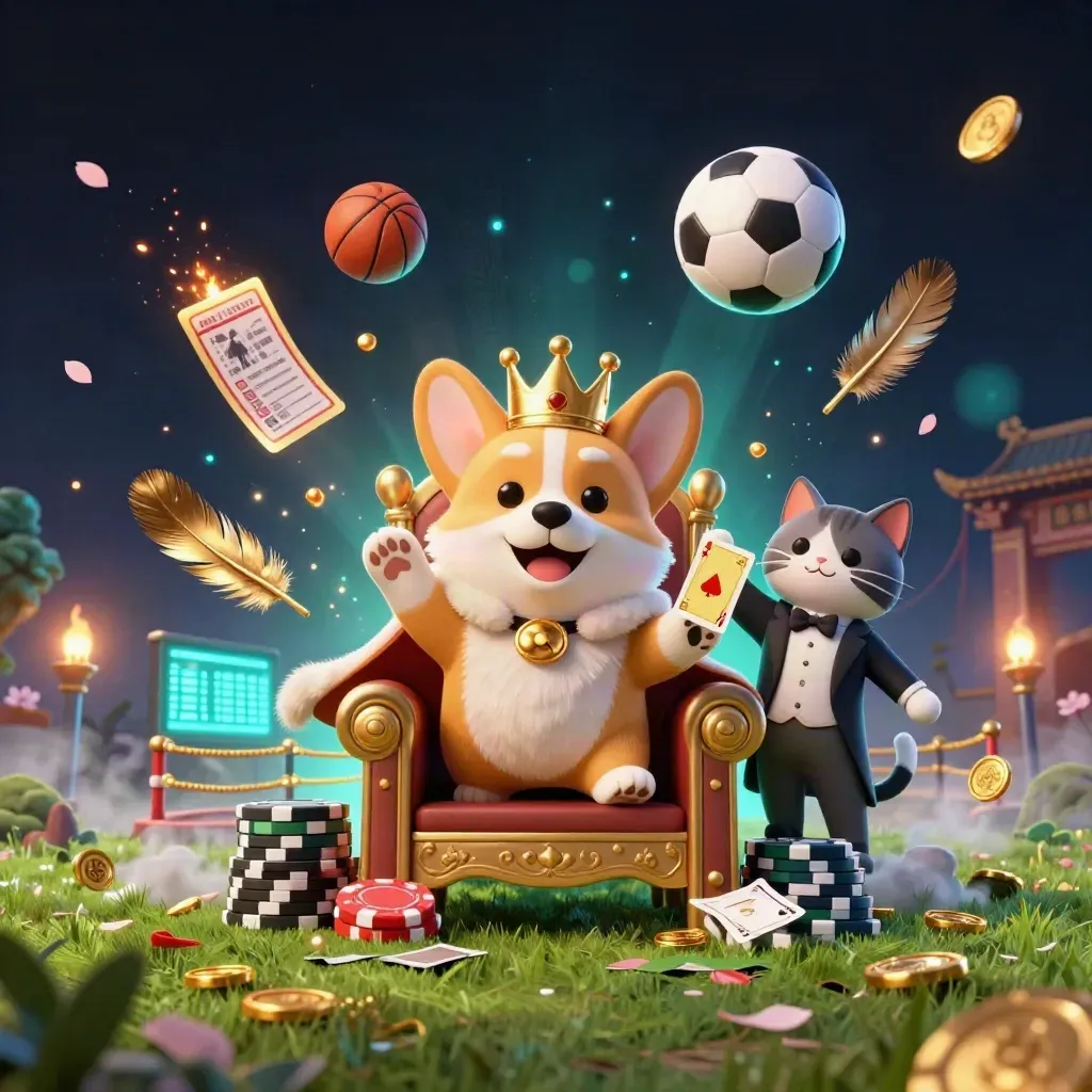 Royal corgi and cat butler amid casino sports chaos, balls, coins, sparks and temple lights.