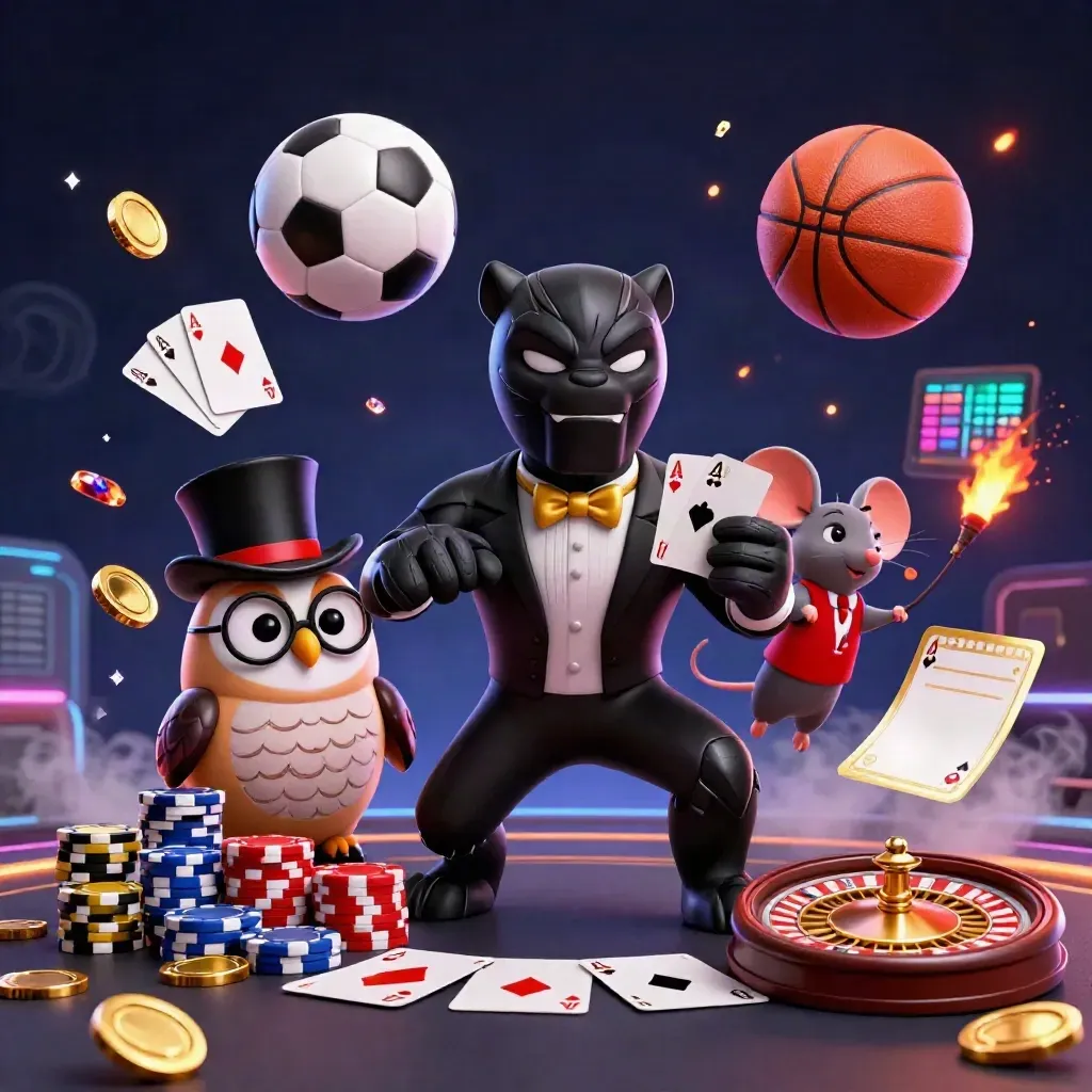 Panther, owl, and mouse amid casino chips, coins, balls, and neon lighting.