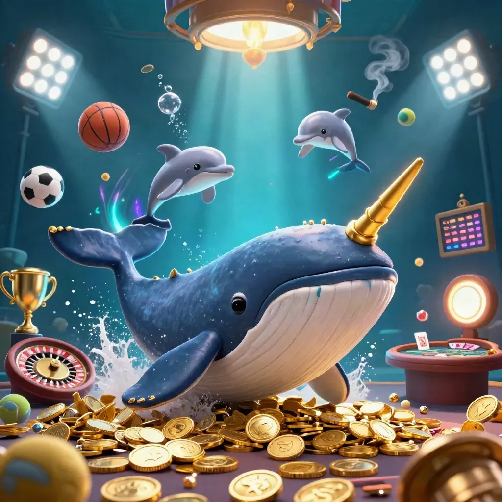 Whale captain, narwhal and dolphins in a neon underwater casino key art splash.