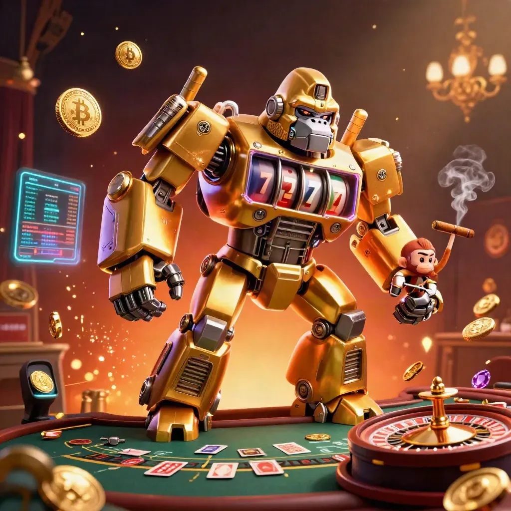 Golden gorilla mech with tiny monkey pilot amid casino lights, coins, lightning, and spinning reels.