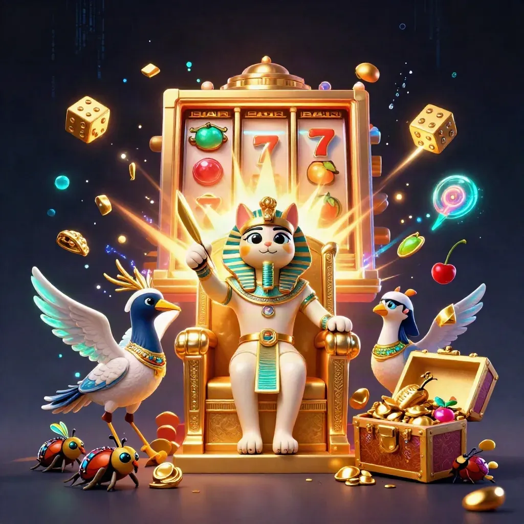 Pharaoh cat, ibis scribe, and gem-wing scarabs amid bursting slot gold on a dark neon casino backdrop.