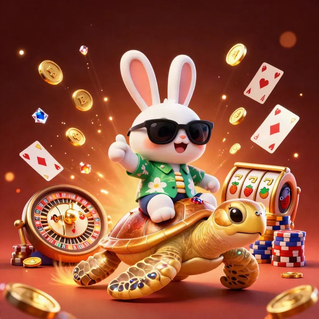 Lucky rabbit rides a golden turtle through casino treasure bursts and glowing coins.