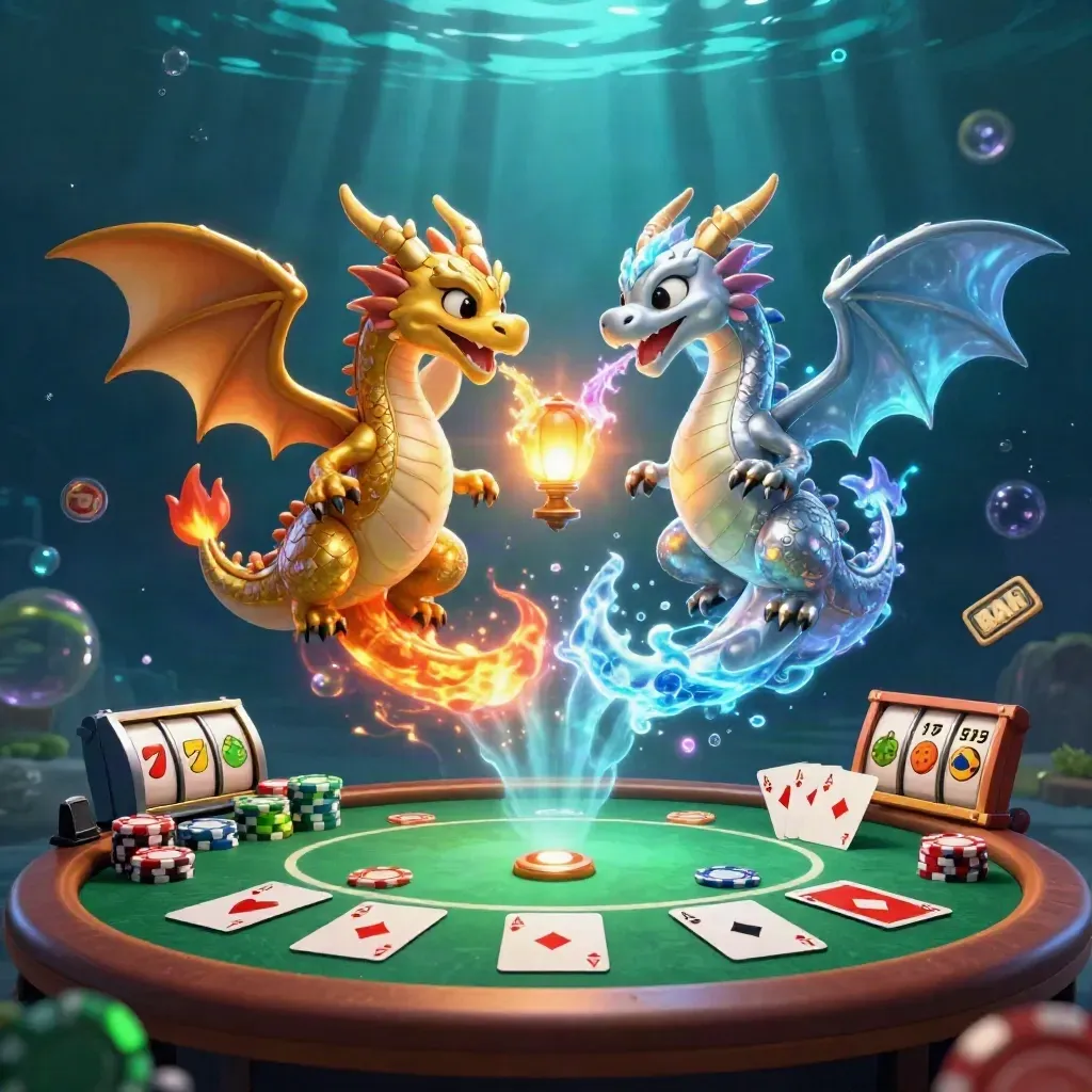 Gold and silver dragons swirl around a lantern spirit with casino chips and cards in teal water.