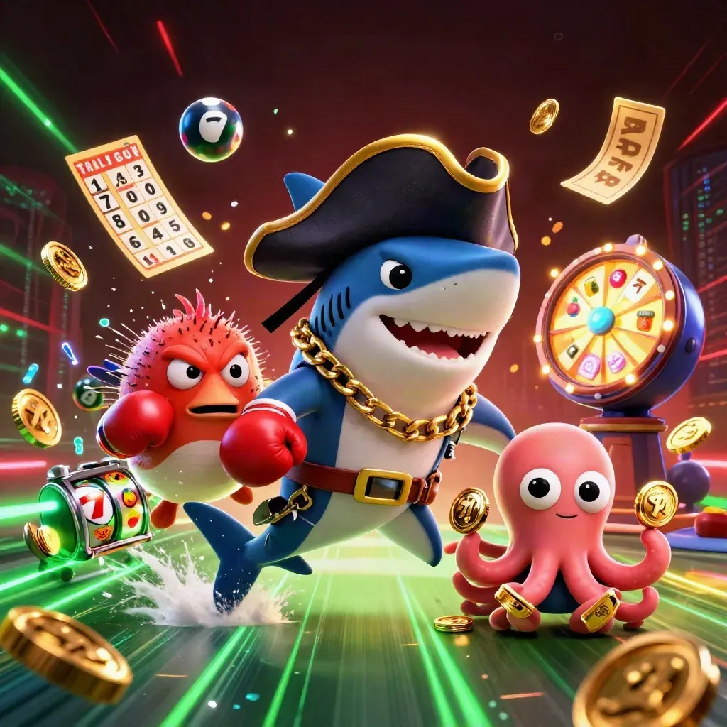 Pirate shark, boxing pufferfish, and juggling octopus amid casino bursts, neon lights, gold coins, and game icons.