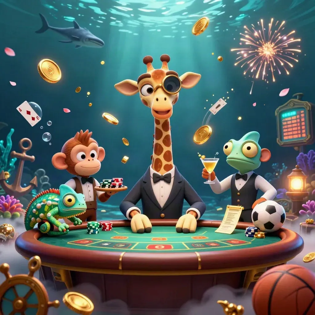 Giraffe, monkey valet and chameleon bartender amid coin shower, coral, and treasure in luxe underwater casino.