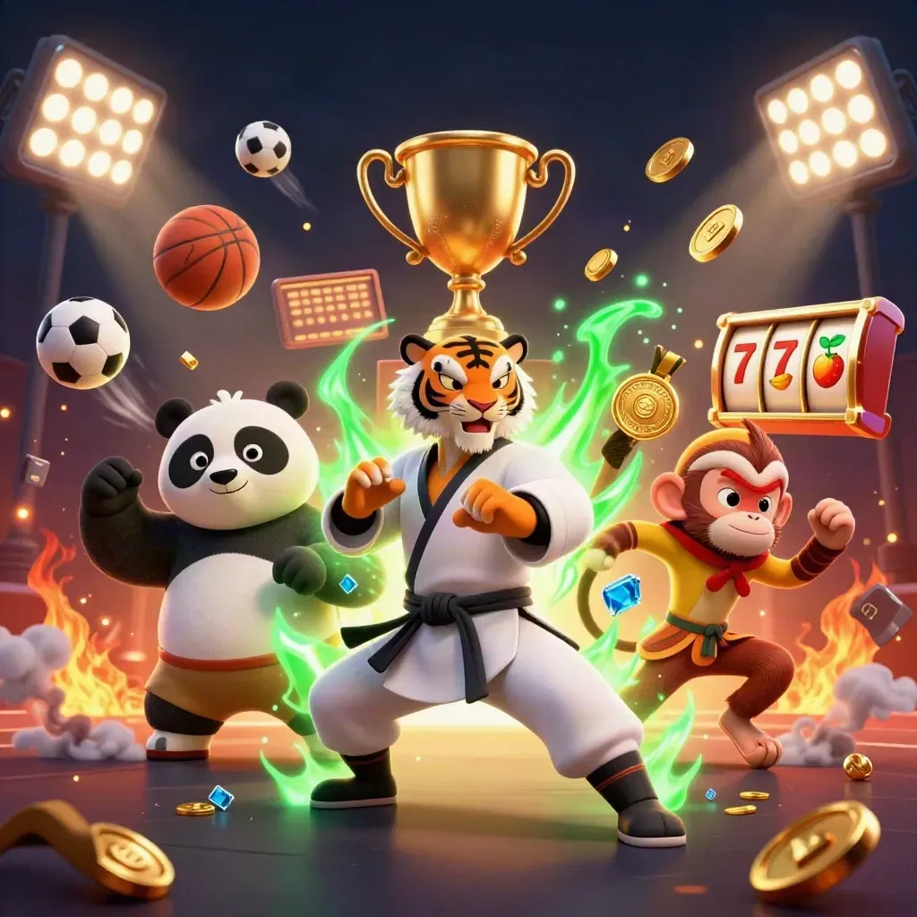 Kung-fu tiger, panda and monkey amid trophy, balls, coins and neon casino effects