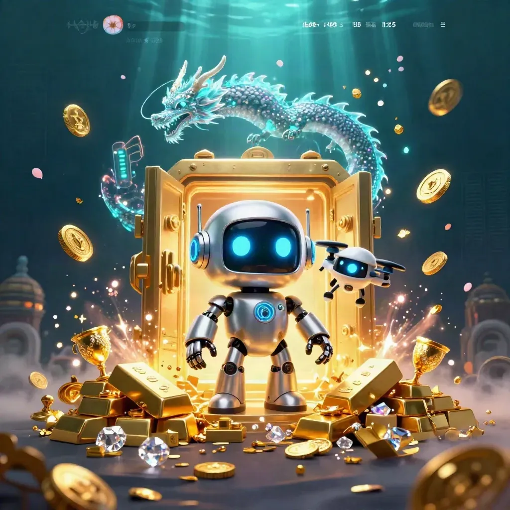 Cyberpunk robot, holographic dragon and coin drone burst from a gold vault amid gems and teal rays.