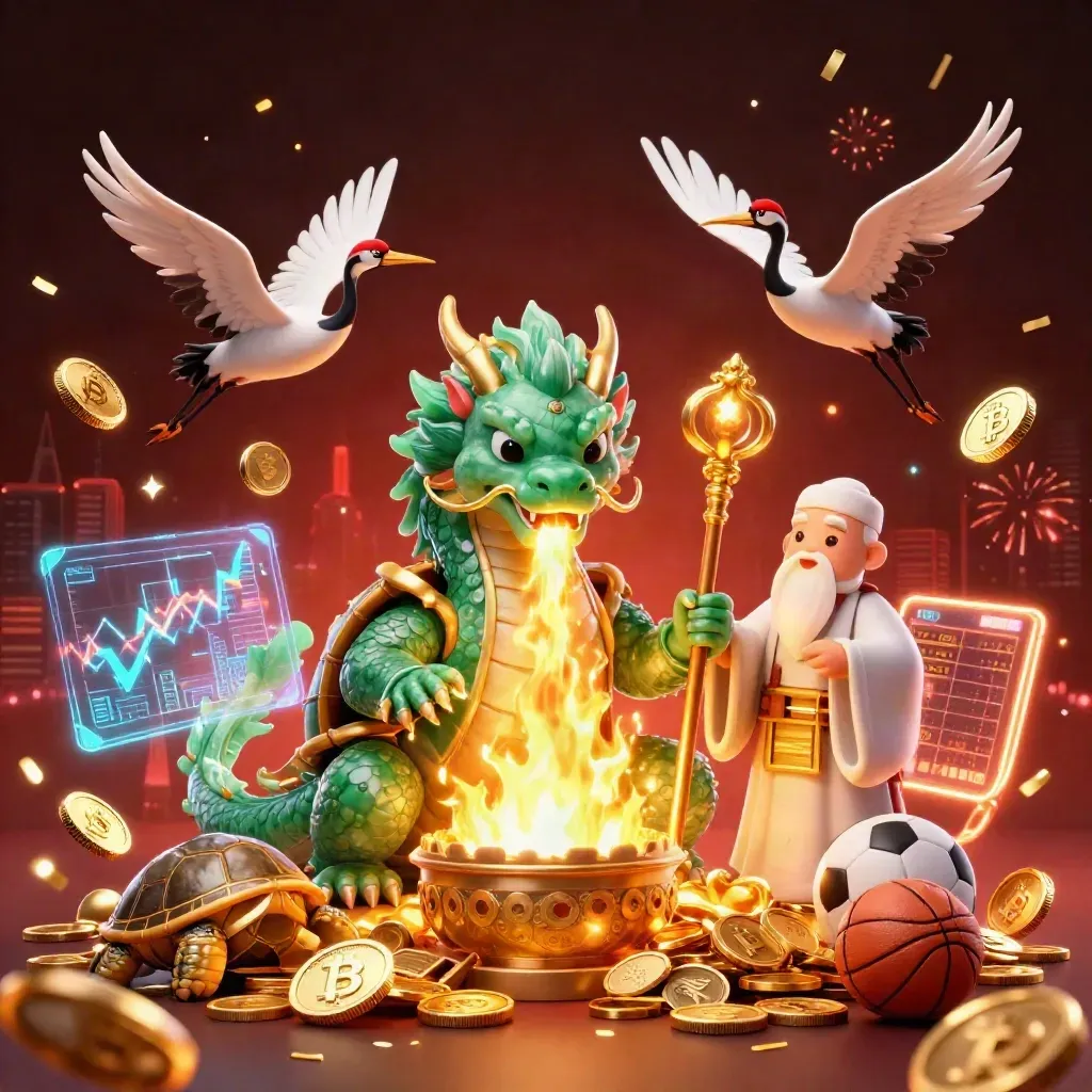 Emerald dragon, turtle sage and cranes amid gold coins, neon crypto symbols and fireworks in a casino burst.