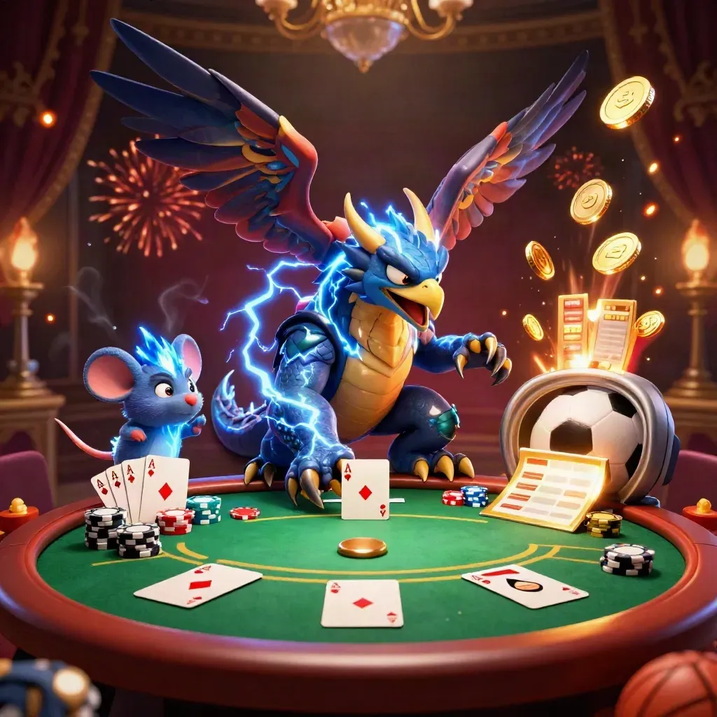 Thunder dragon, wind hawk and static mouse amid casino chips, coins and fireworks