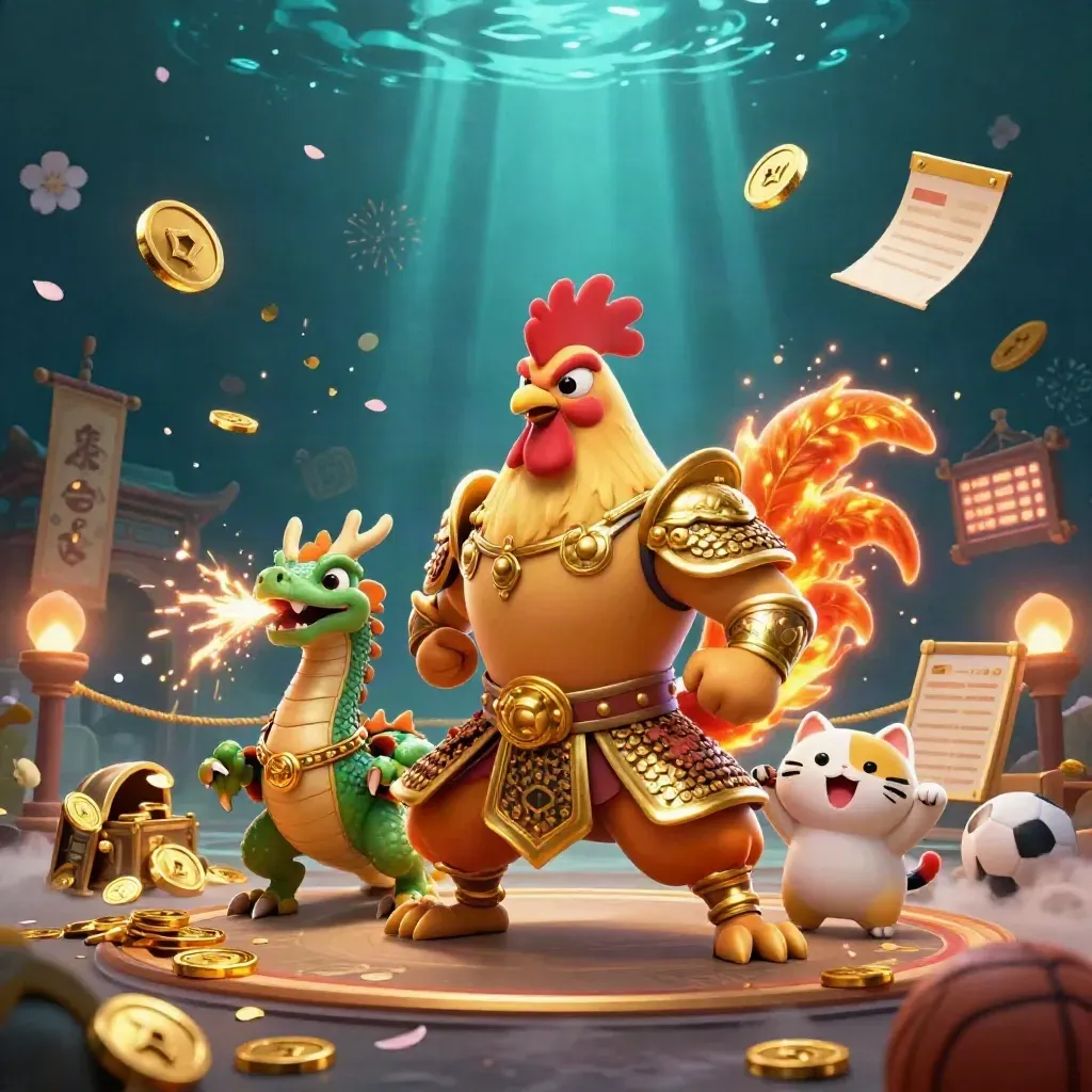 Rooster warrior, dragon hatchling, and fortune cat amid gold coins, fireworks, and temple magic.