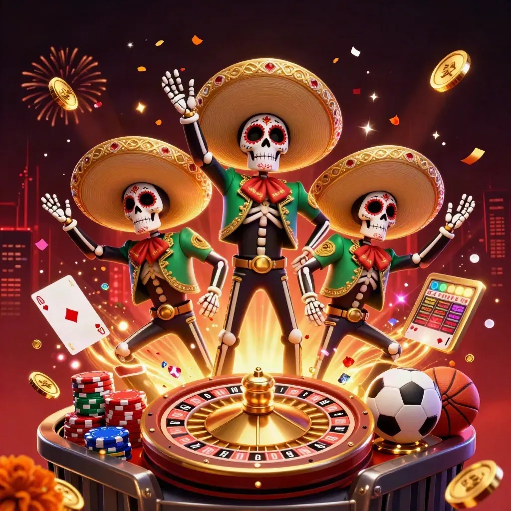 Skeleton mariachi trio amid coins, gems, roulette, cards, chips and fireworks in luxe casino colors.