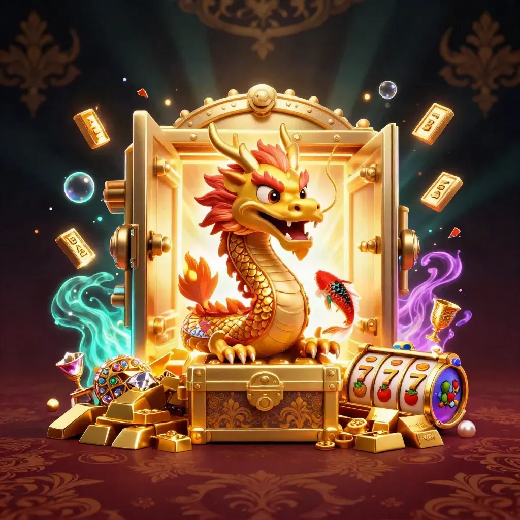 Golden dragon, phoenix and koi around a treasure chest with casino riches on a dark luxe background