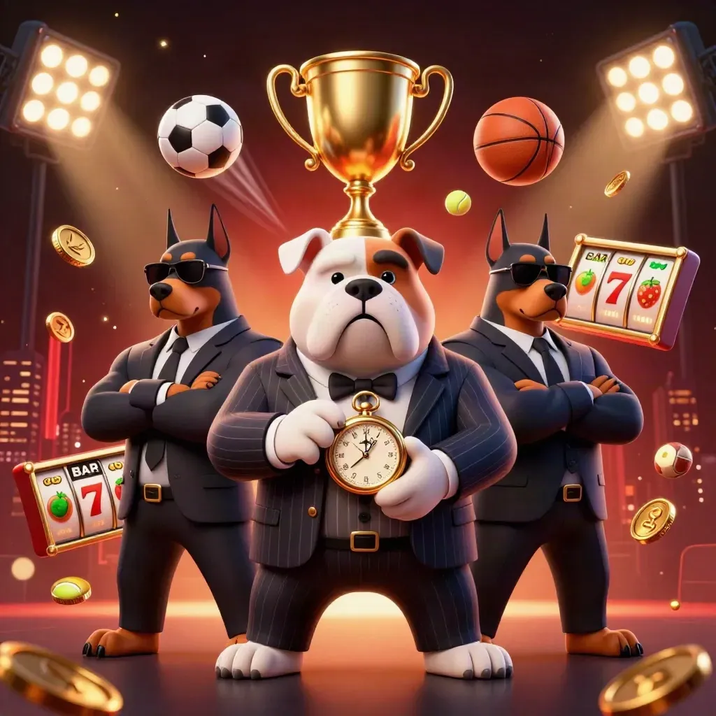 Cartoon bulldog boss with two Dobermans amid casino sports icons, coins, trophy, and red-gold neon glow.