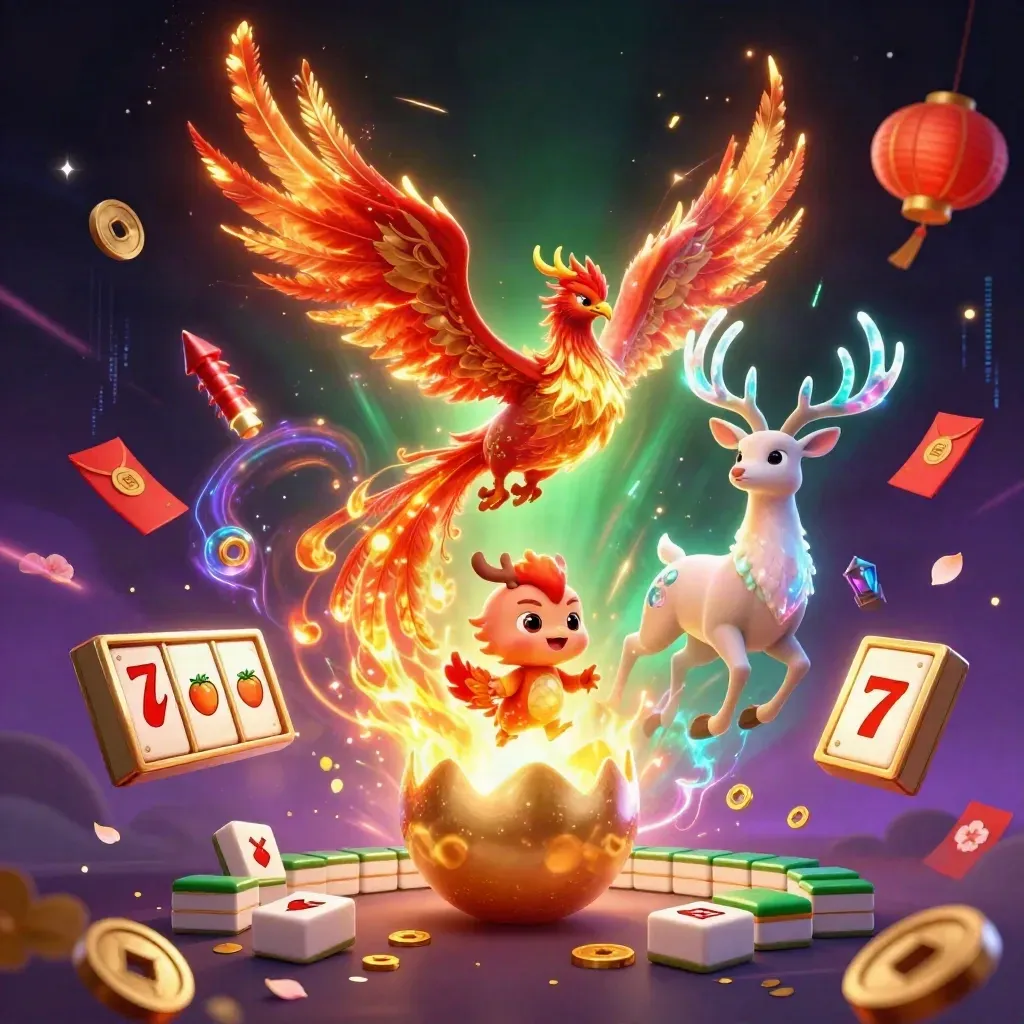 Phoenix, hatching chick, and crystal stag amid casino icons and emerald-gold magic.