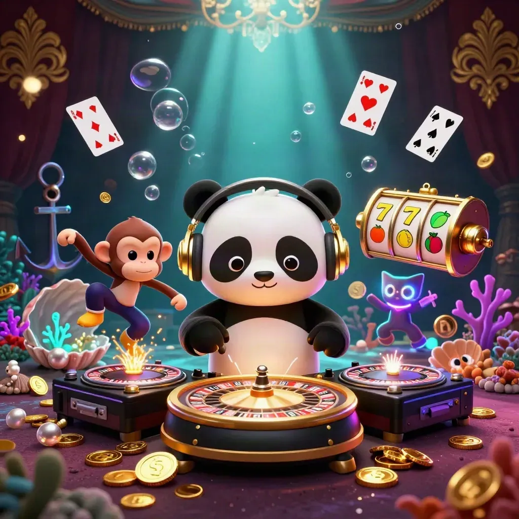 DJ panda, monkey and glow-stick kitten amid an underwater treasure cove, casino reels and gold coins.