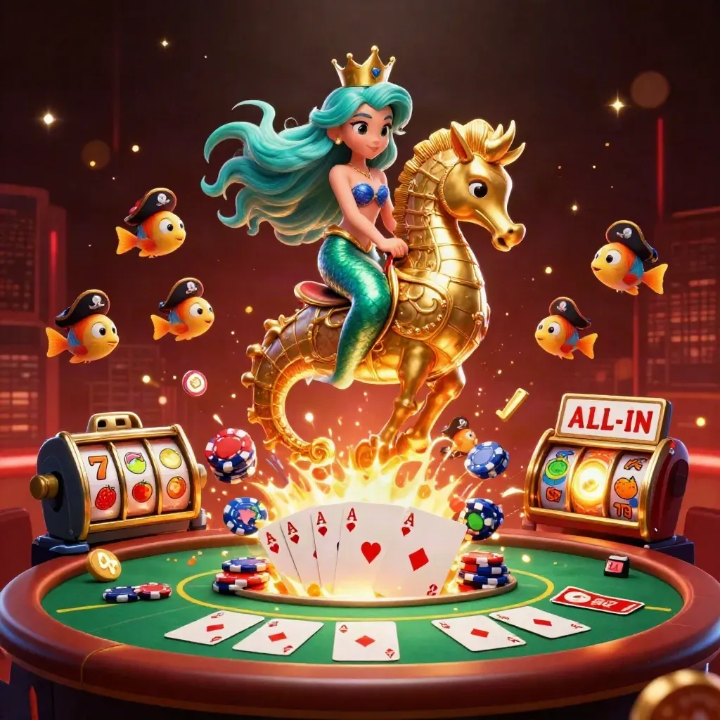 Mermaid princess on a gold-armoured seahorse with pirate fish and casino cards in a dark neon splash.