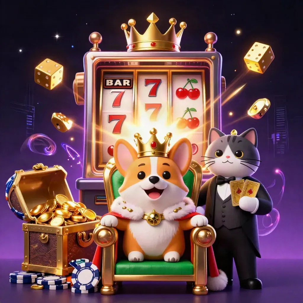 Royal corgi king and cat butler amid exploding slot machine, gold, chips, and neon casino energy.