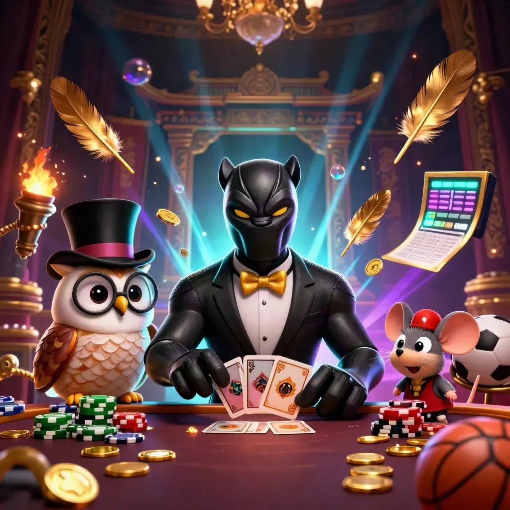 Panther, owl, and mouse casino heroes amid gold coins, neon glow, and luxe damask backdrop