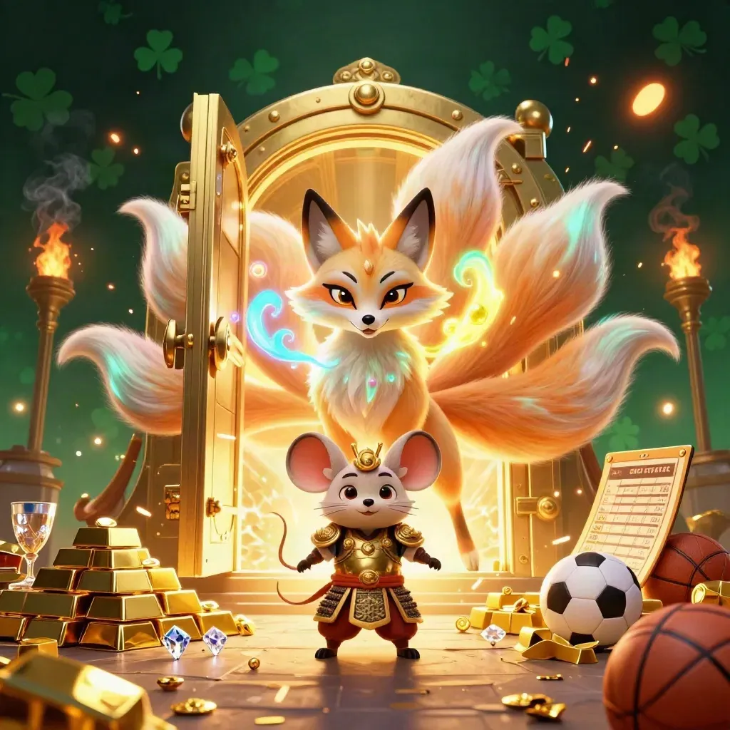 Neon nine-tailed fox spirit and golden mouse amid treasure, gems and casino sparks.