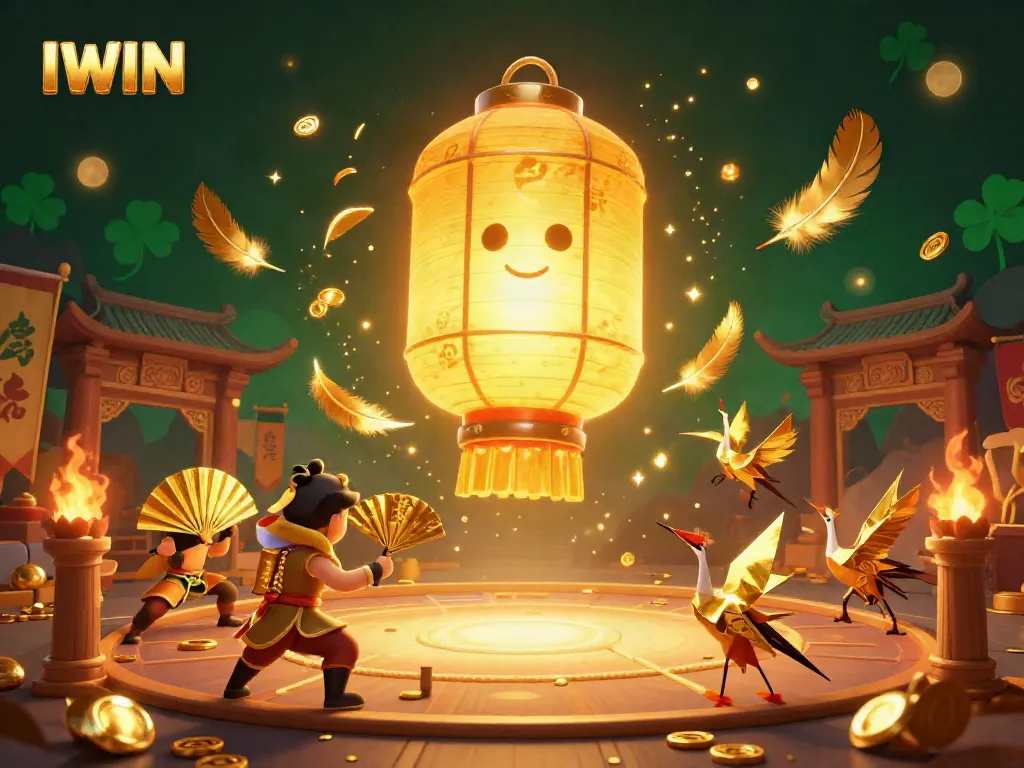 IWIN offers an engaging gaming experience highlighted by a golden lantern spirit amidst a vibrant night market.