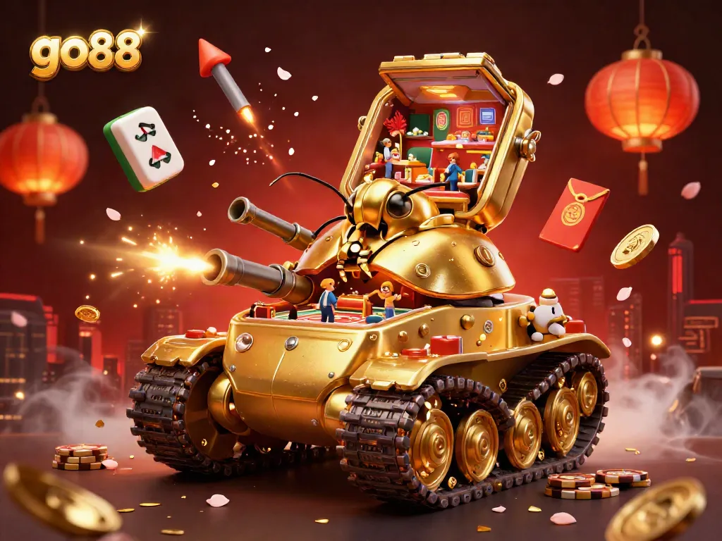 Experience the exhilarating universe of go88 with a vibrant 3D casino themed illustration showcasing a golden beetle tank revealing an intricate casino and dynamic game elements.