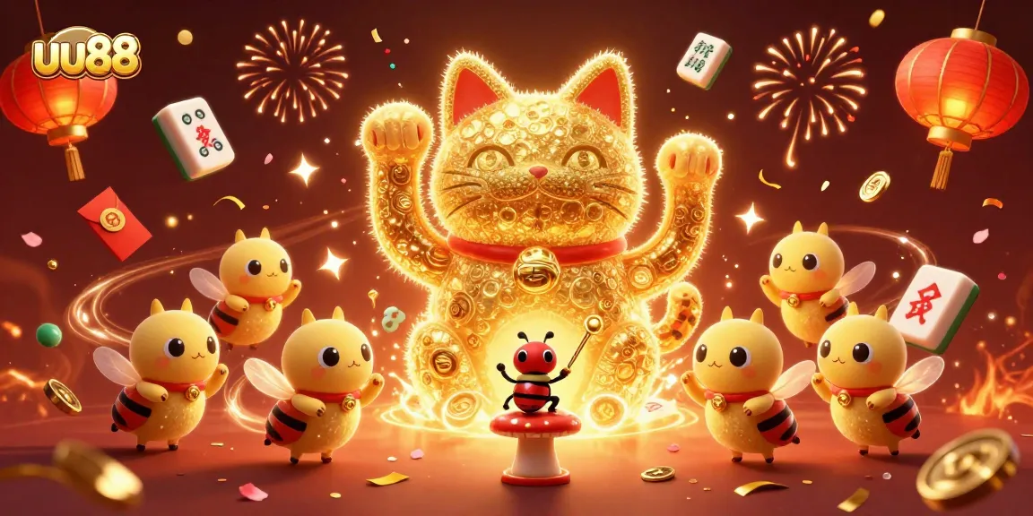 Experience the allure of uu88 with a vibrant display of casino elements and lucky cat imagery.