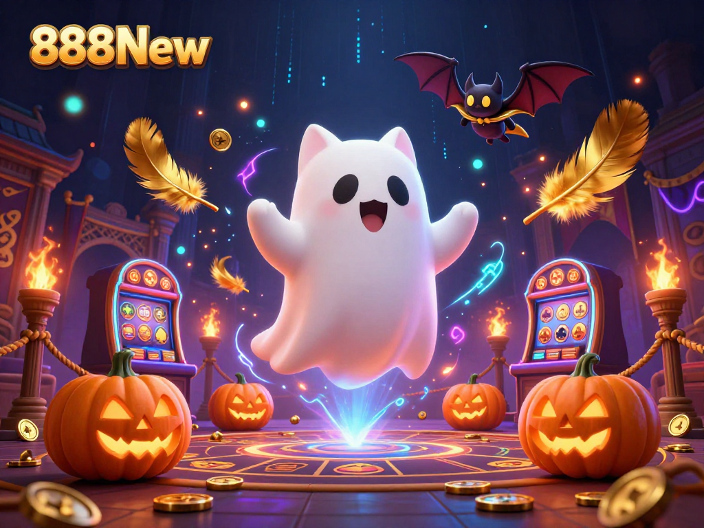Engage with 888New in an exciting haunted casino scene featuring a ghost cat and a vampire bat.