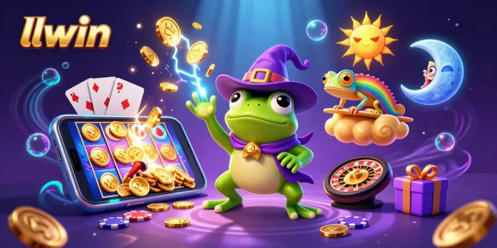 llwin showcases an enchanting illustration of a wizard frog creating a storm of golden coins amid a vibrant casino scene.