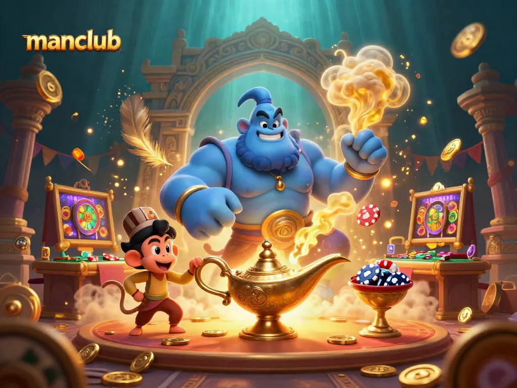 Experience thrilling gameplay with manclub's energetic casino scene featuring a genie amidst swirling golden coins.