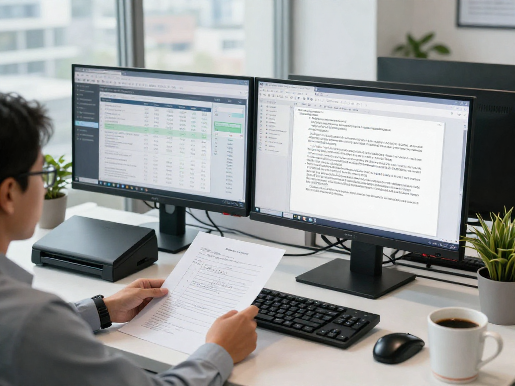 Compliance officer performing document fraud detection with advanced tools and analytics in a modern office.