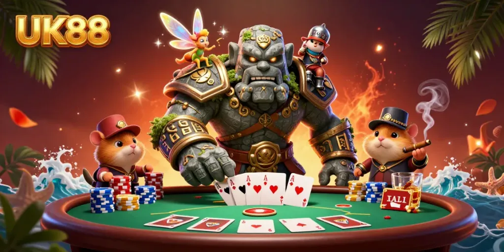 Engage with UK88 in a vibrant 3D scene featuring magical characters and poker elements.
