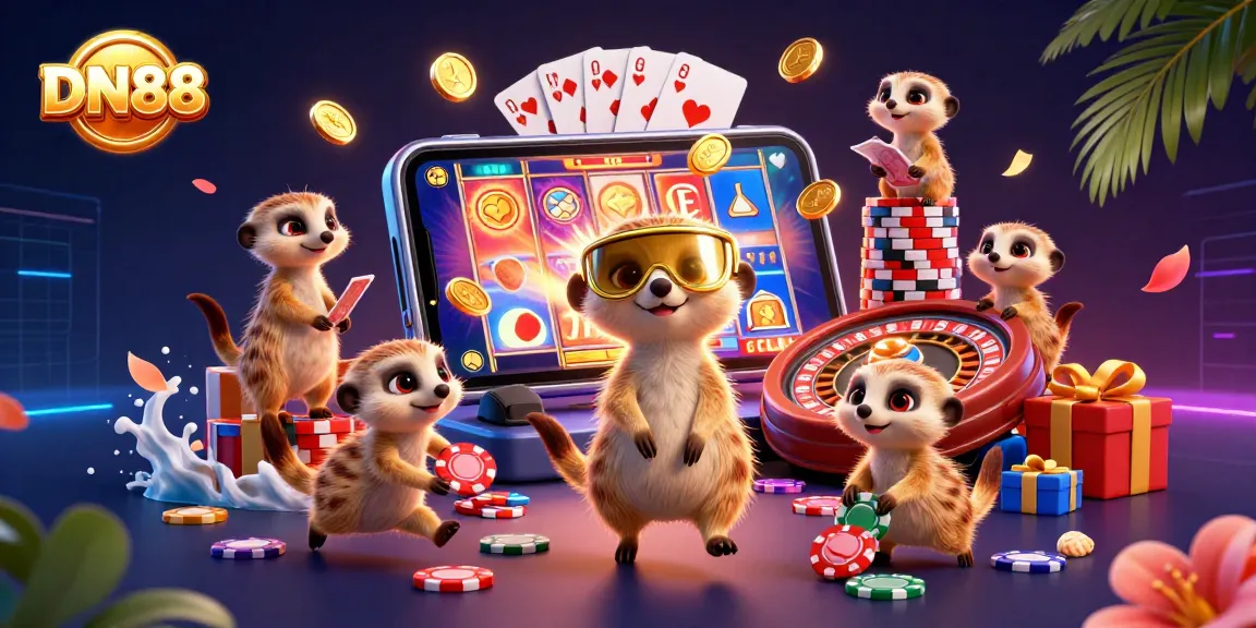 Experience the excitement of DN88 with meerkats operating a colorful casino, showcasing dynamic gaming action.